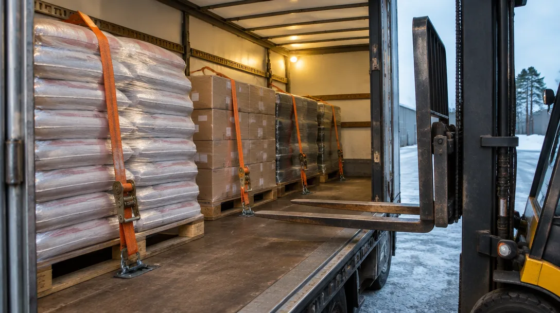 Pallar säkrade med orange spännband på ett lastbilsflak, en truck står vid kajkanten