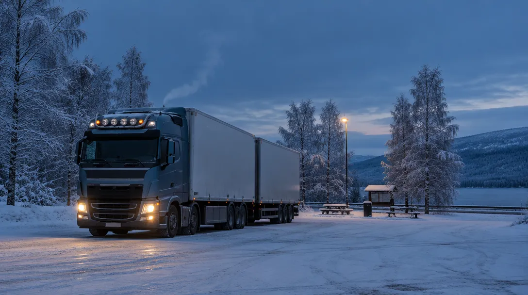 Lastbil med släp på en snötäckt rastplats i blå skymning